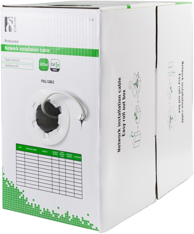 DELTACO U/UTP installationskabel, Cat5e, 305m boks, hvid
