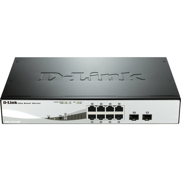 D-Link netværksswitch, Layer 2, 10/100/1000BASE-TX, 8xRJ45, 2xSFP, Po