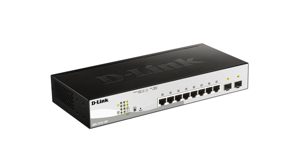 D-Link netværksswitch, Layer 2, 10/100/1000Mbps, 8xRJ45, 2xSFP, PoE,