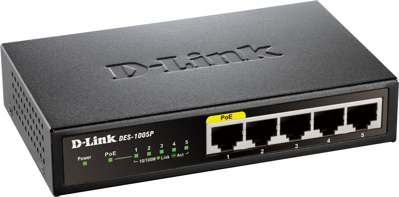 D-Link switch 5x10/100Mbps RJ45, 1xPoE, bordmodel, sort
