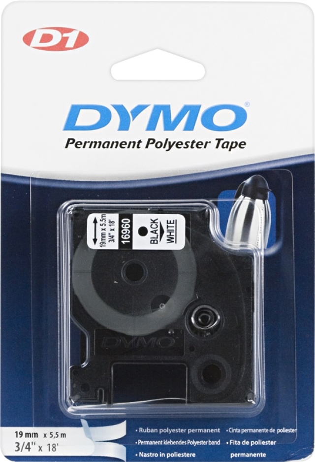 DYMO D1, markeringstape i nylon, 19 mm, sort tekst på hvid tape, 5,5