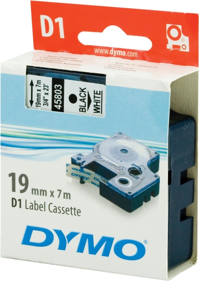 DYMO D1, markeringstape, 19 mm, sort tekst på hvid tape, 7 m
