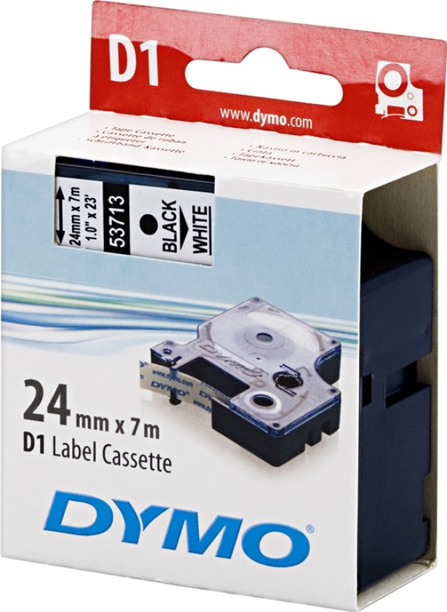 DYMO D1, markeringstape, 24 mm, sort tekst på hvid tape, 7 m.