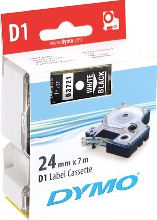 DYMO D1, markeringstape, 24 mm, hvid tekst på sort tape, 7 m.