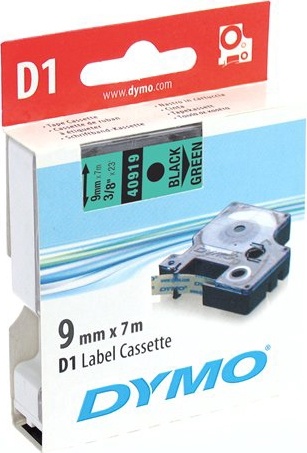 DYMO D1, markeringstape, 9mm, sort tekst på grøn tape, 7m - 40919