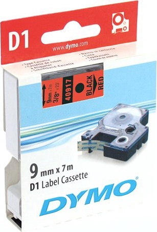 DYMO D1, markeringstape, 9mm, sort tekst på rød tape, 7m - 40917