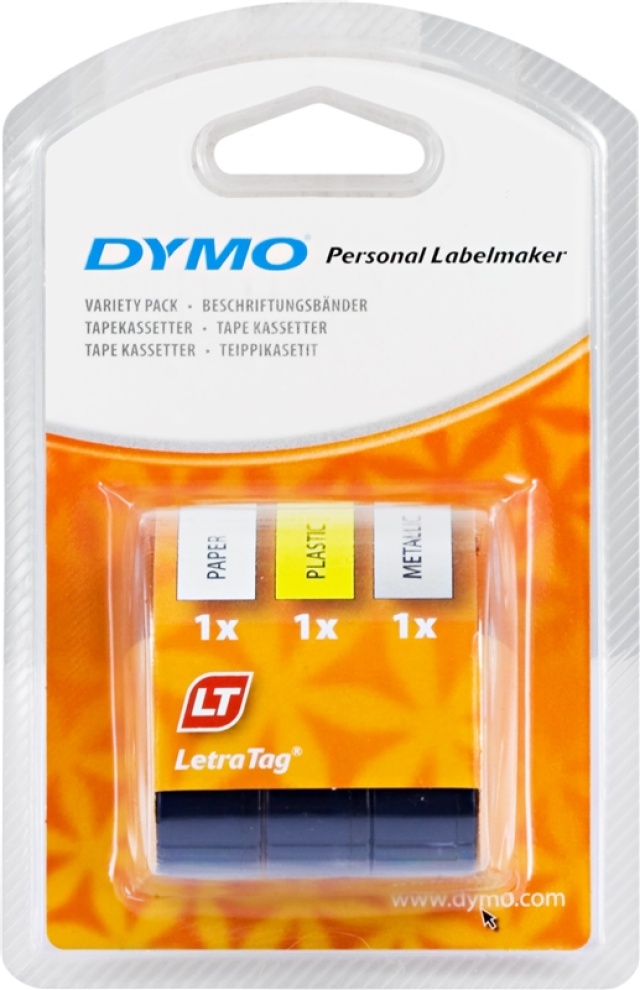 DYMO LetraTag, pakke med 3 forskellige tape, papir(hvid), plast(gul) o