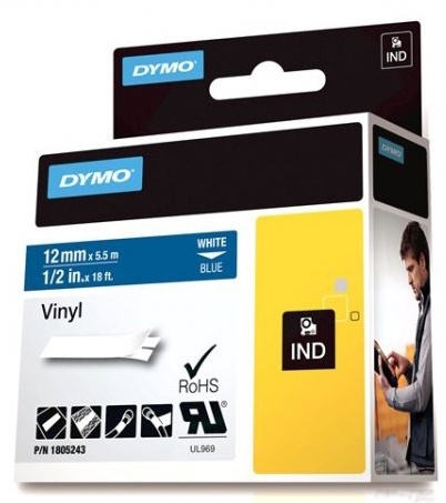 DYMO Rhino Professional, mærkbar permanent vinyltape, 12mm, hvid teks