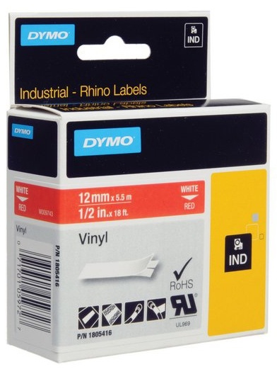 DYMO Rhino Professional, mærkbar permanent vinyltape, 12mm, hvid teks