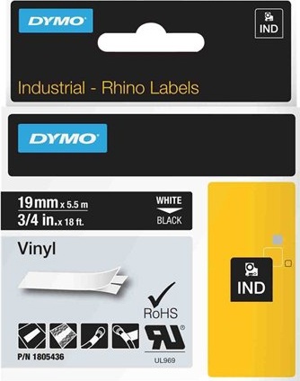 DYMO Rhino Professional, mærkbar permanent vinyltape, 19 mm, hvid tek