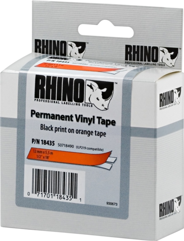 DYMO RhinoPRO, permanent markeringsvinyltape, 12 mm, sort tekst på or