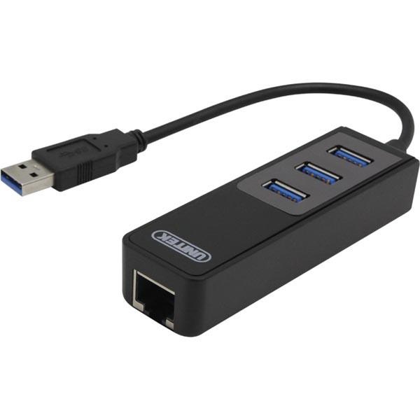 DELTACO, USB 3.0 netværksadapter, 1000Mbps,  1xRJ45, 3xUSB-A hun, sort