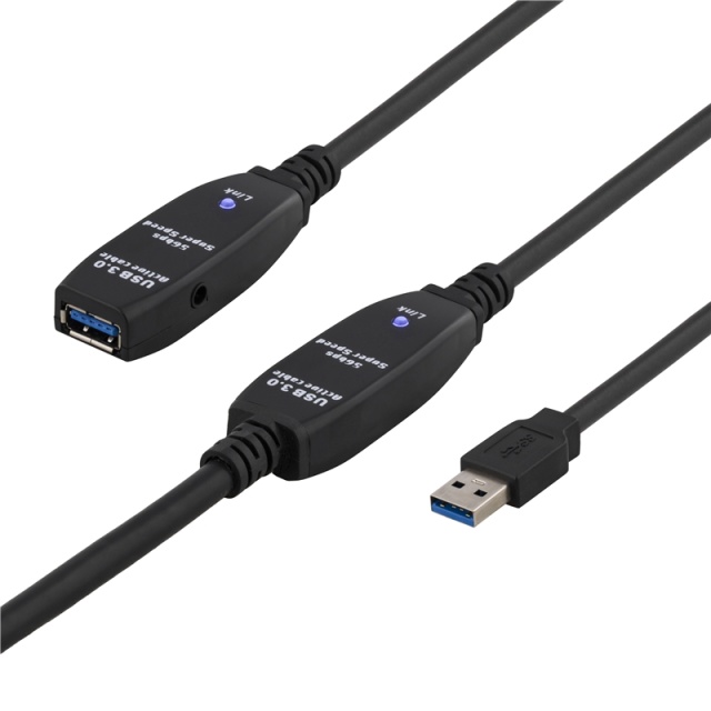 DELTACO PRIME aktiv USB 3.0-forlængerkabel, Type A han-hun,15m,sort
