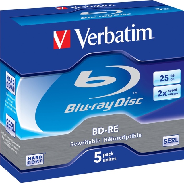 Verbatim BD-RE, 2x, 25 GB/200 min, 5-pack jewel case, Hard Coat, SERL