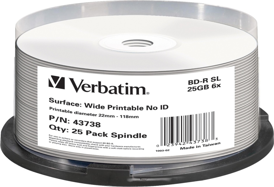 Verbatim BD-R, 6x, 25GB/200min, 25pack spindel, printbar hvid, Hard Co