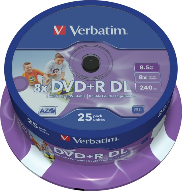 Verbatim DVD+R DL, 8x, 8,5 GB/240 min, 25-pack spindel, AZO, printable