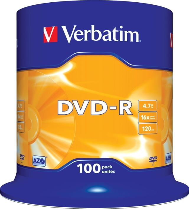 Verbatim DVD-R, 16x, 4,7 GB/120 min, 100-pack spindel, AZO