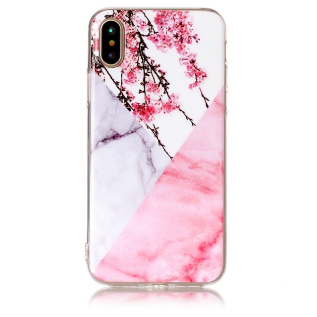 Blødt TPU-etui til iPhone X/XS, pink blomster, marmor