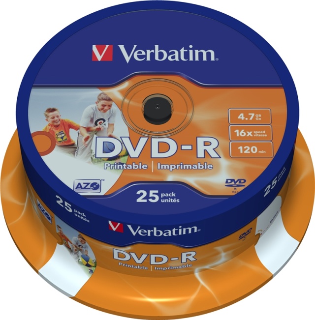 Verbatim DVD-R, 16x, 4,7 GB/120 min, 25-pack spindel, AZO, printable