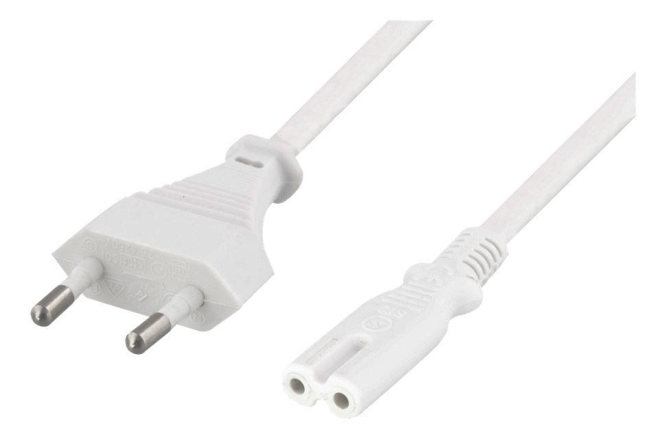 DELTACO ungrounded power cable, CEE 7/16 to IEC 60320 C7, 2m, white