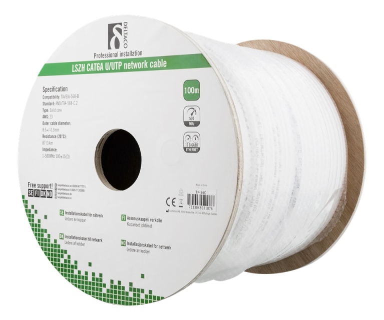 DELTACO U/UTP Cat6a Installationskabel, 100m tromle, 500MHz, LSZH, Hvid