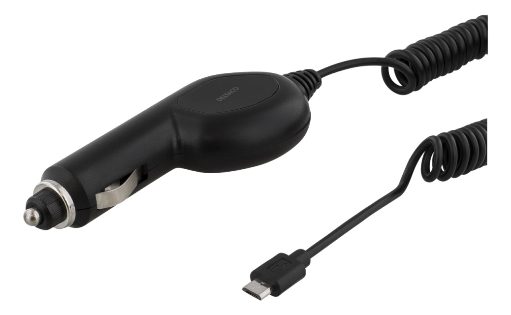 DELTACO biloplader med Micro USB, 1A, 12-24V, 1m spiralkabel, sort