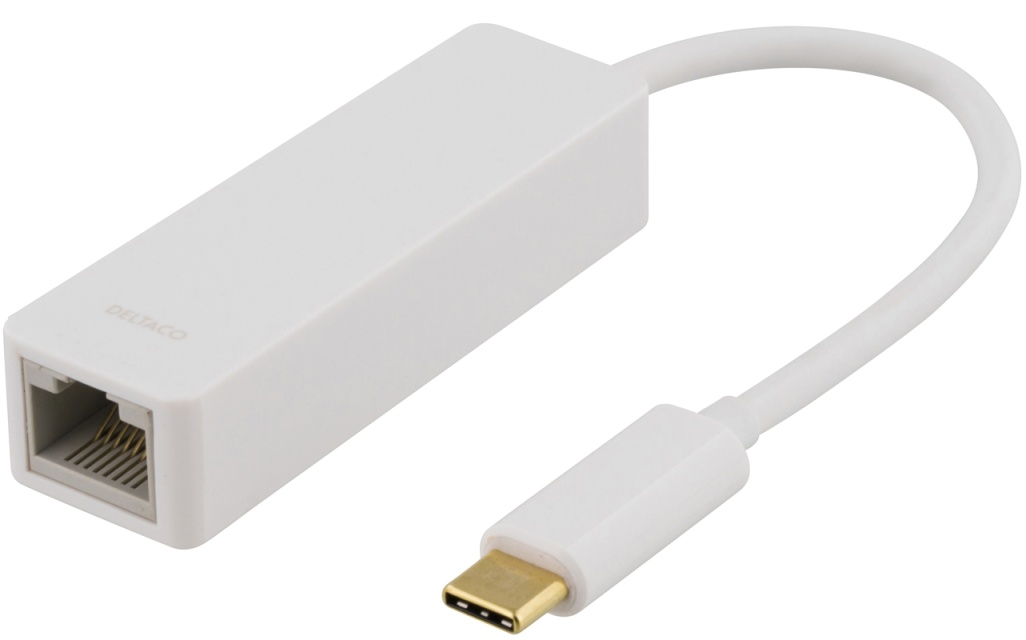 DELTACO, USB 3.1 netværksadapter, 1xRJ45, 1xUSB-C han, hvid