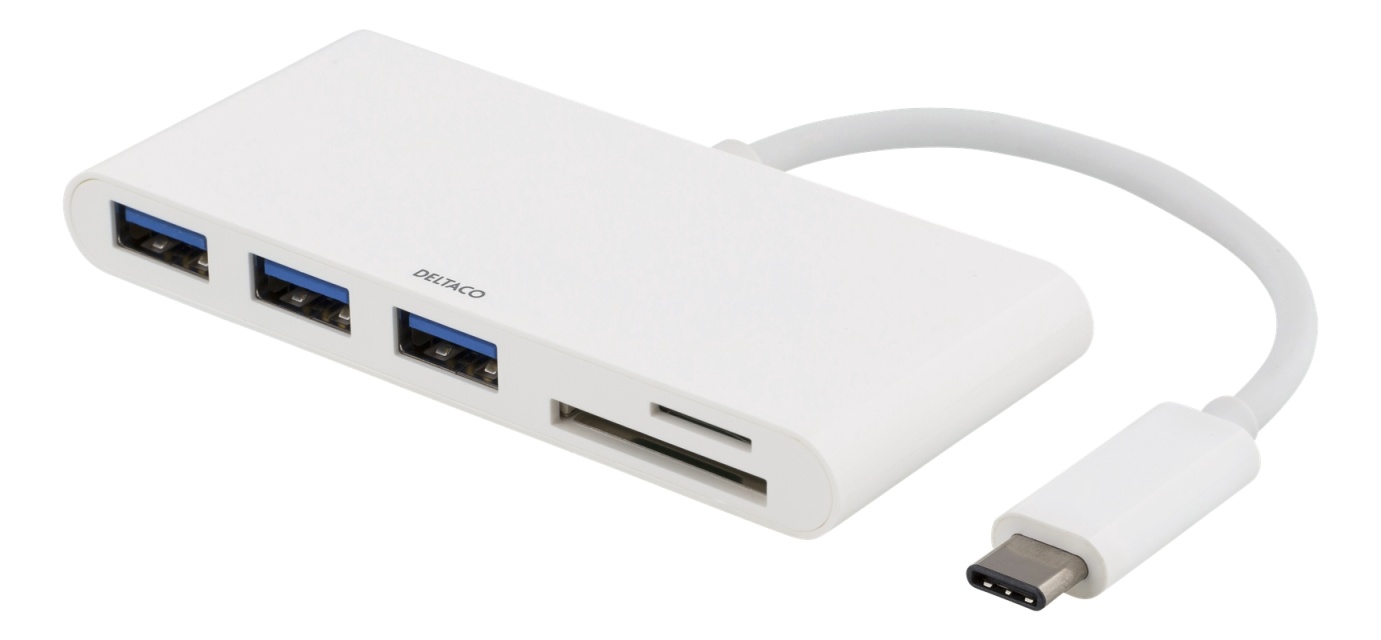 DELTACO USB 3.1 Gen 1 hub, USB-C, 3USB A, SD/microSD reader, white
