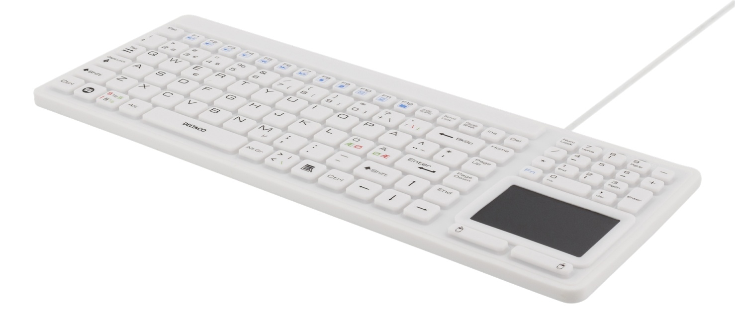 DELTACO rubberized keyboard with touchpad, IP68, 105 keys, white