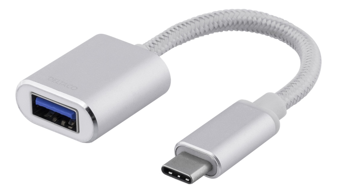 DELTACO USB-C 3.1 Gen 1 to USB-A OTG adapter, alu, white bag, silver