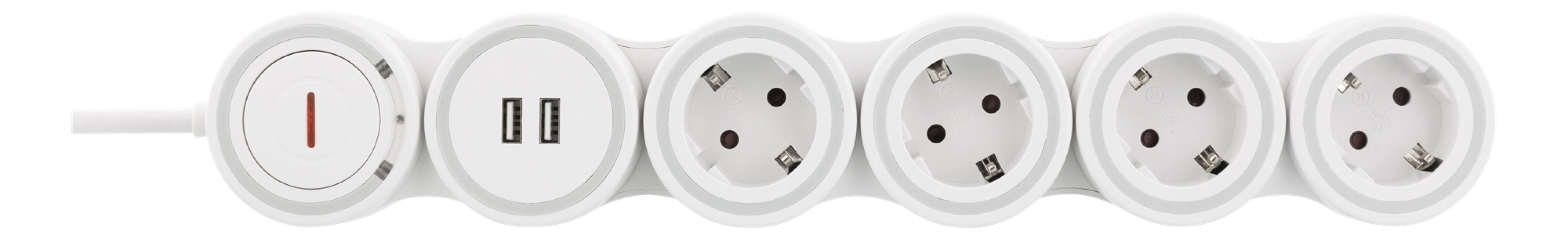 DELTACO Flexible 4-Socket Power strip, 1,4m, 16A 3500W, 2x USB-A, whit
