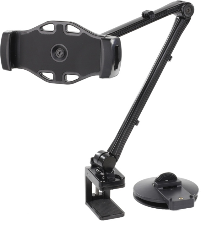 DELTACO 2-in-1 smartphone/tablet stand, suction cup, clamp, black