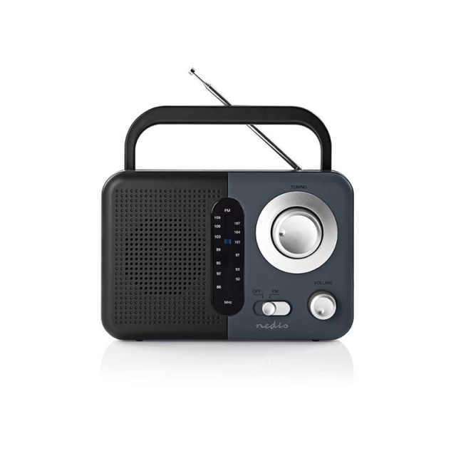 Nedis FM-radio | Bærbart design | FM | Batteri / Strømforsyning | Analog | 2.4 W | Sort hvid skærm | Hovedtelefonudgang | IP20 | Håndtag | Grå / Sort
