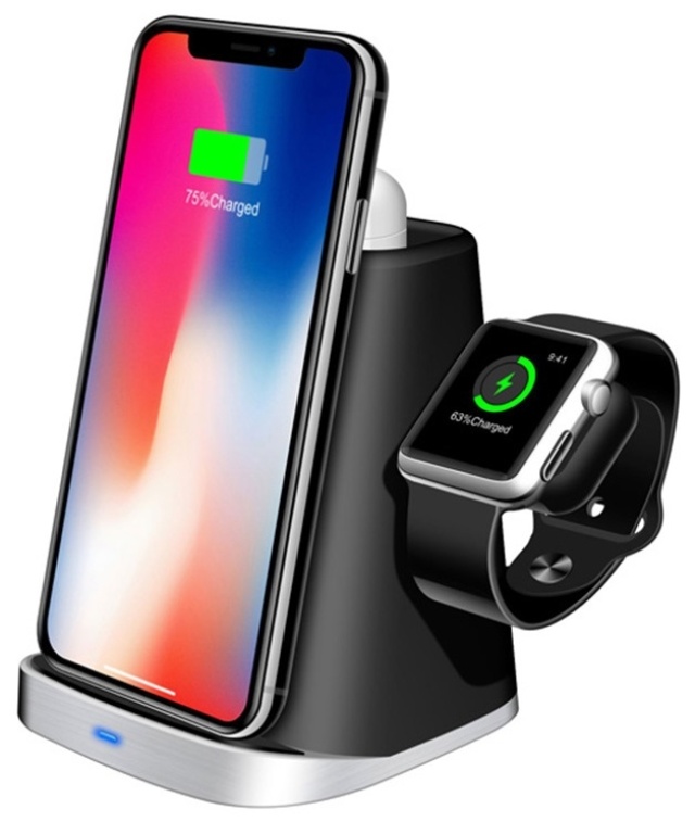3-i-1 Qi-opladningsstander til Airpods, smartphone og smartwatch
