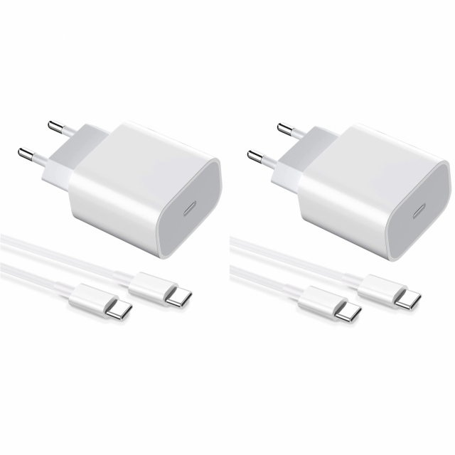 2-pak oplader til iPhone 15 / 16/ 17 / Android 20W med USB-C til USB-C - hurtigoplader