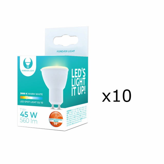 LED-lampe GU10 7W 230V 3000K 38°, 10-pak, Varm hvid