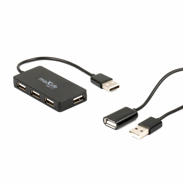 Maxlife Hjemmekontor USB 2.0 hub USB - 4x USB 0,15 m + kabel 1,5 m, Sort