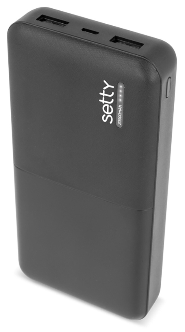 Setty powerbank med 20 000 mAh og to USB-porte, sort