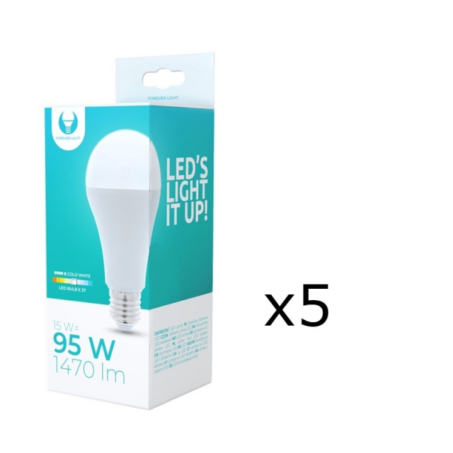 LED-lampe E27, A65, 15W, 230V, 6000K 5-pak, kølig hvid