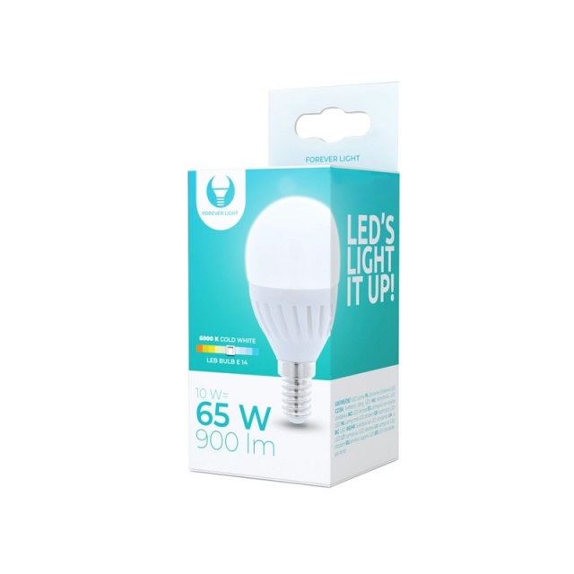 LED-lampe E14, G45, 10W, 230V, 6000K, keramik, kølig hvid