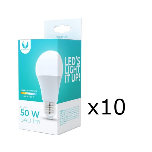 LED-lampe E27, A60, 8W, 230V, 3000K 10-pak, Varm hvid