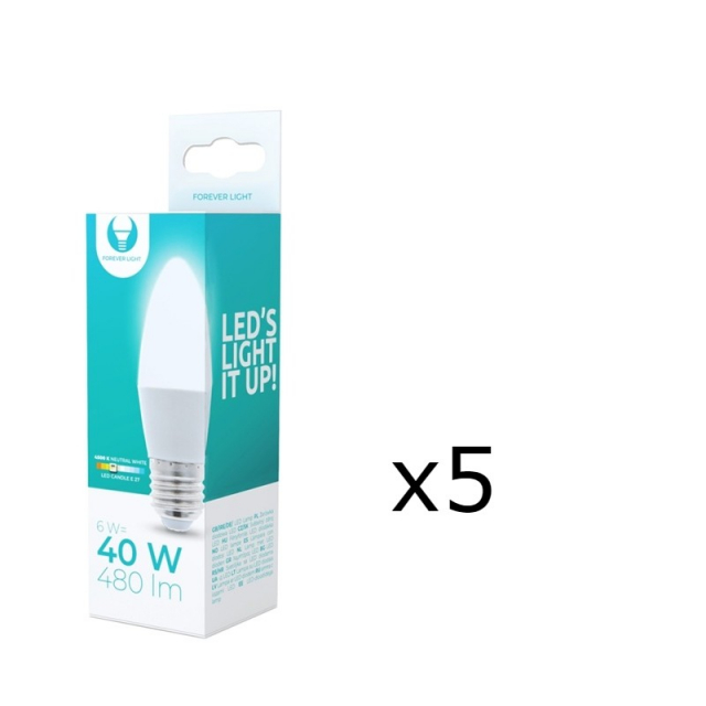LED-lampe E27, C37, 6W, 4500K 5-pak, hvid neutral