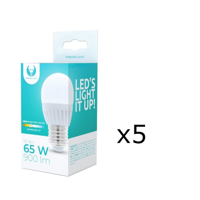 LED-lampe E27, G45, 10W, 230V, 4500K, keramisk 5-pak, hvid neutral