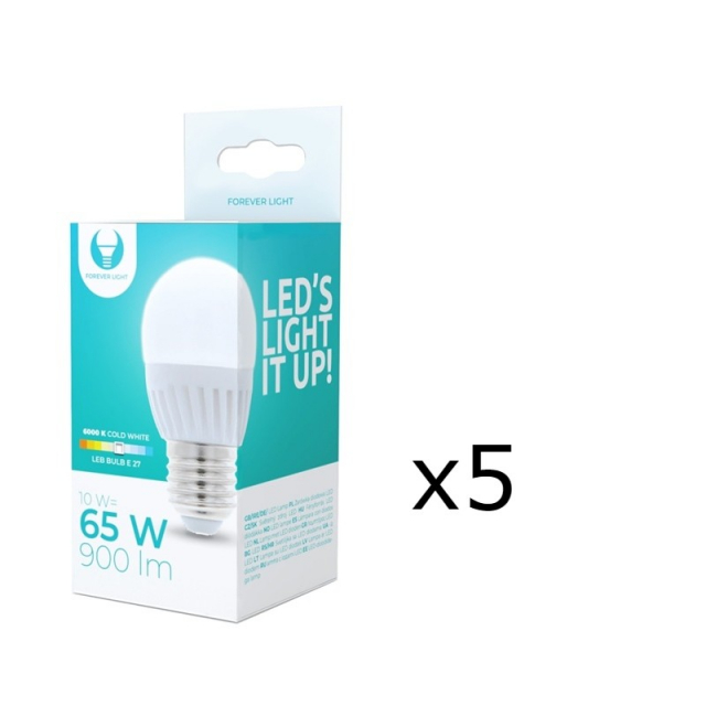 LED-lampe E27, G45, 10W, 230V, 6000K, keramisk 5-pak, kølig hvid