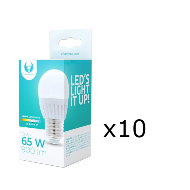 LED-lampe E27, G45, 10W, 230V, 6000K, keramisk 10-pak, kølig hvid