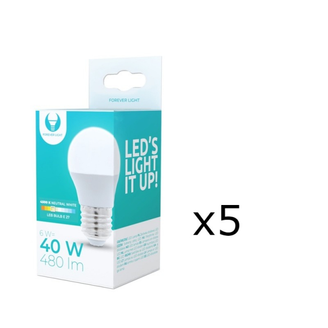 LED-lampe E27, G45, 6W, 4500K 5-pak, hvid neutral