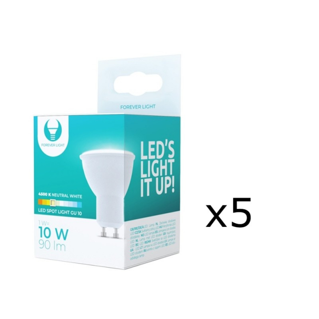 LED-lampe GU10, 1W, 230V, 4500K, 5-pak, Hvid neutral