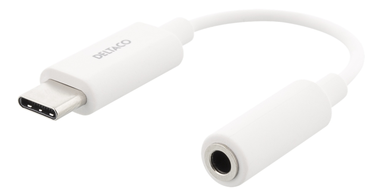 DELTACO USB-C til 3,5 mm adapter, stereo, aktiv, 11 cm, hvid