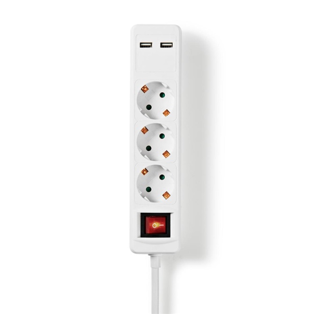 Nedis Udvidelse Socket | Stikprop med sidebens jord / Type F (CEE 7/7) | 3-vejs | 1.50 m | 3680 W | 16 A | Slags jordforbindelse: Sidekontakter | 230 V AC 50/60 Hz | Kontakt Vinkel: 45 ° | H05VV-F 3G1.5mm² | Indbygget on/off-knap (tænd/sluk) | Hvid