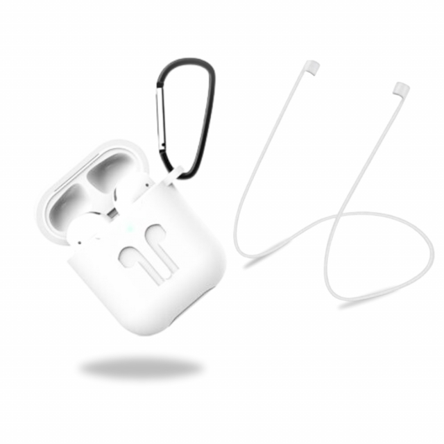 Beskyttelsesetui i silikone med hovedtelefonrem og vedhæng til Apple Airpods, hvid